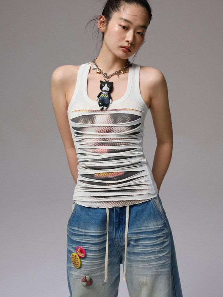1JINN STUDIO White Distressed Biker Cat Print Double Layer Racerback Women&