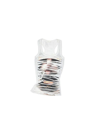 1JINN STUDIO White Distressed Biker Cat Print Double Layer Racerback Women&