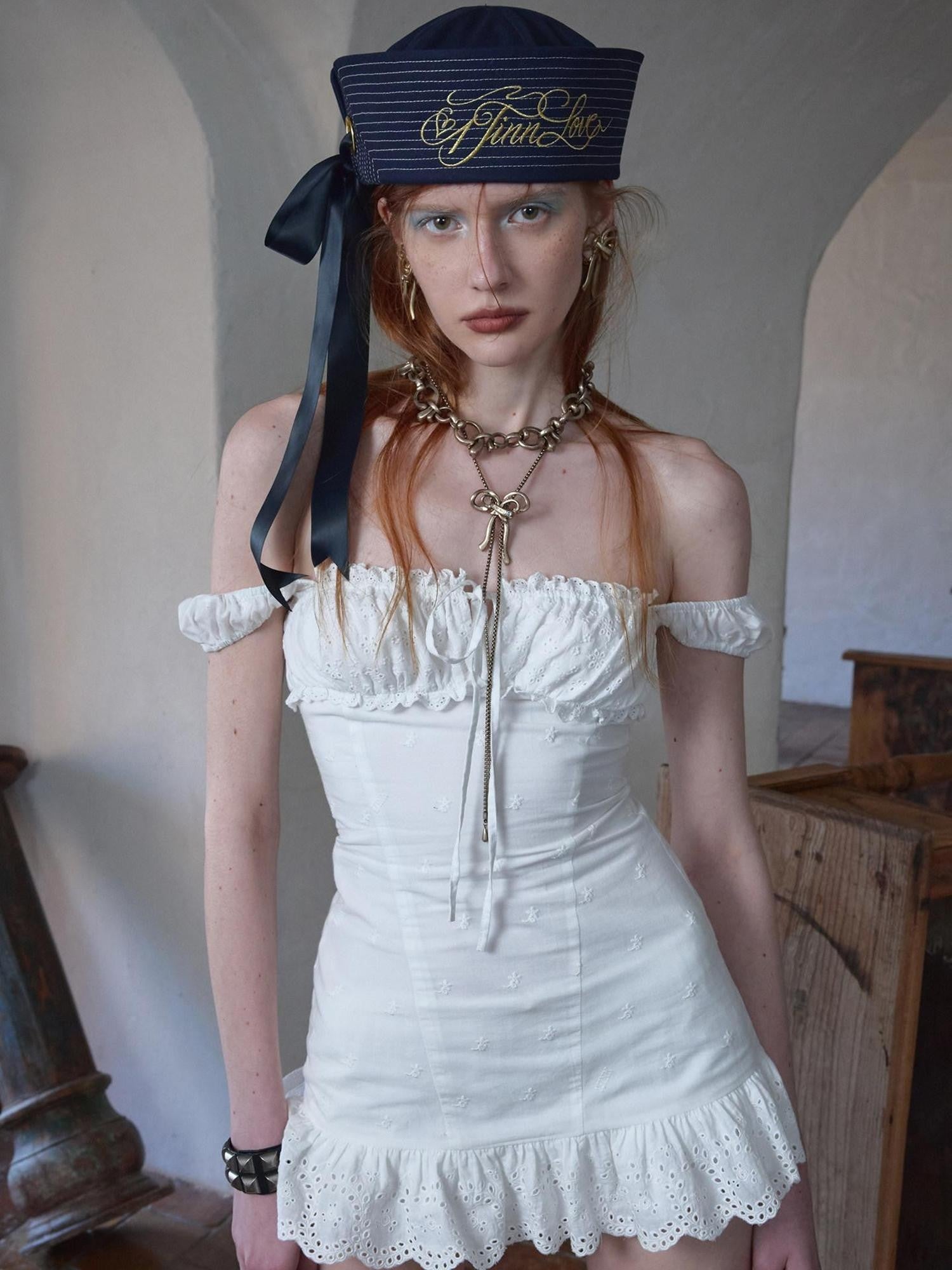 1JINN STUDIO White Puff Sleeve Jacquard Fitted Waist Women&