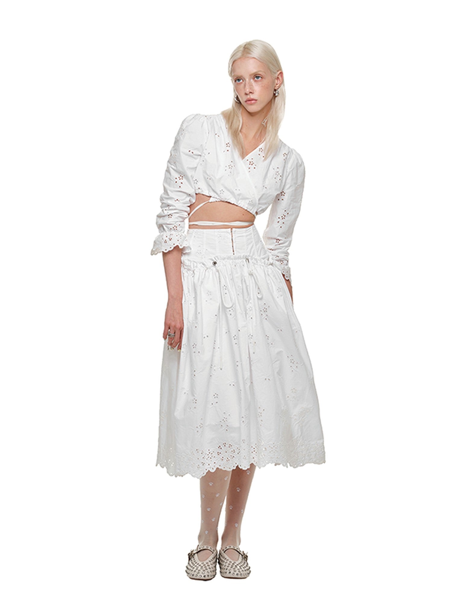 1JINN STUDIO White Solid Double Waist High Waist Flared Women&