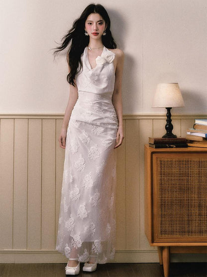 1P STUDIO 3d Floral Embroidered Draped Neck Cinched Waist Women&