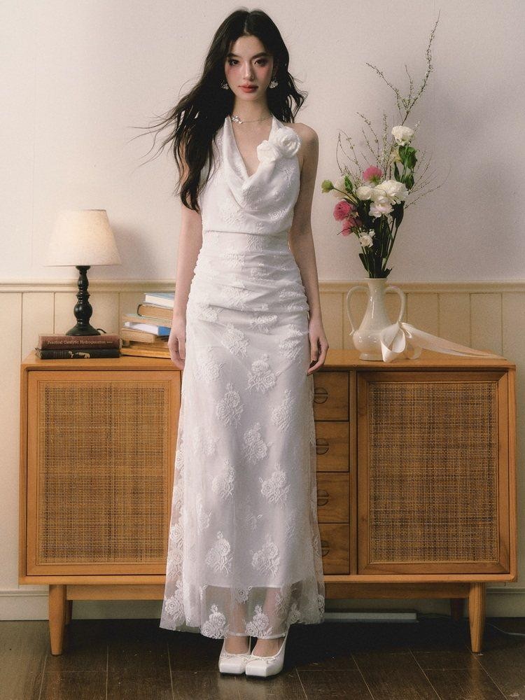 1P STUDIO 3d Floral Embroidered Draped Neck Cinched Waist Women&
