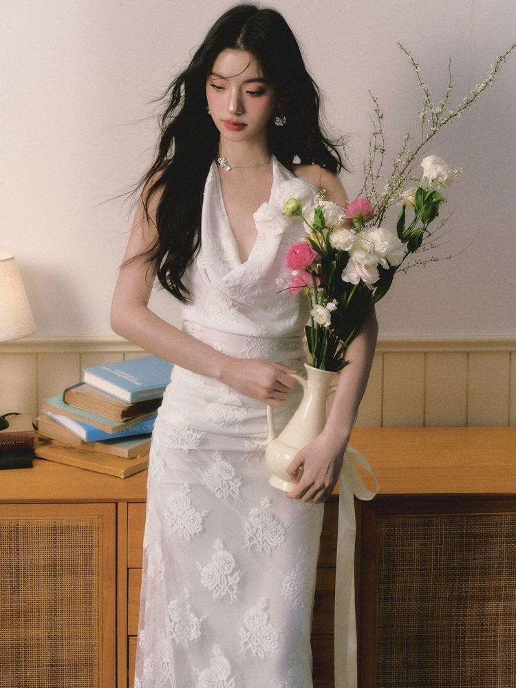 1P STUDIO 3d Floral Embroidered Draped Neck Cinched Waist Women&