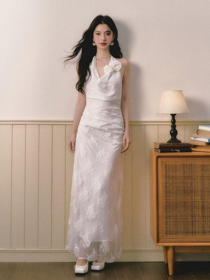 1P STUDIO 3d Floral Embroidered Draped Neck Cinched Waist Women&