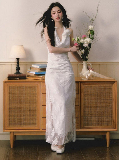 1P STUDIO 3d Floral Embroidered Draped Neck Cinched Waist Women&