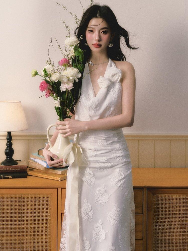 1P STUDIO 3d Floral Embroidered Draped Neck Cinched Waist Women&