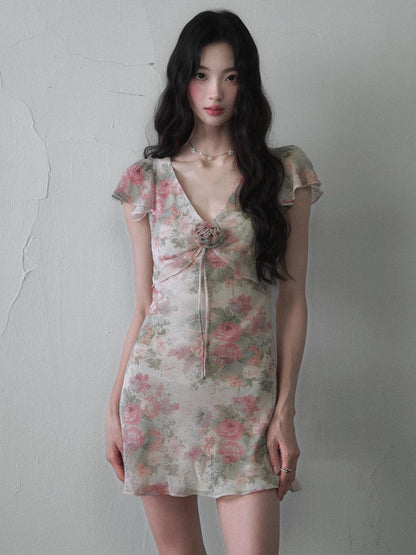1P STUDIO 3d Floral Print V-neck Flutter Sleeve Women&