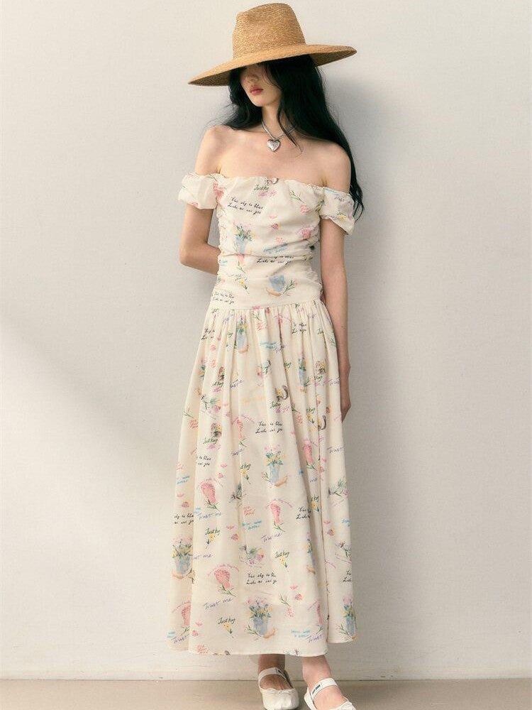 1P STUDIO Alphabet Floral Ruched Off Shoulder Women&