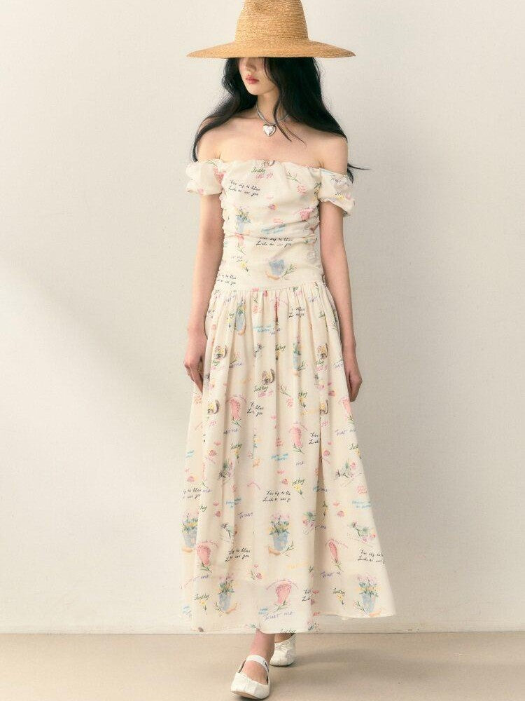 1P STUDIO Alphabet Floral Ruched Off Shoulder Women&