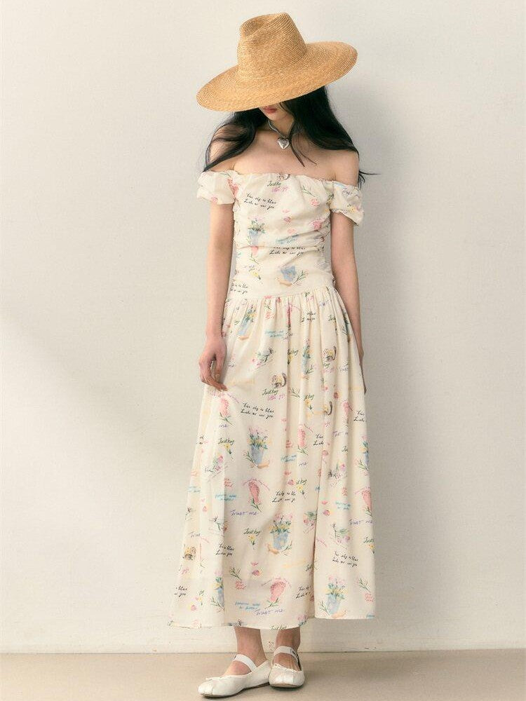 1P STUDIO Alphabet Floral Ruched Off Shoulder Women&