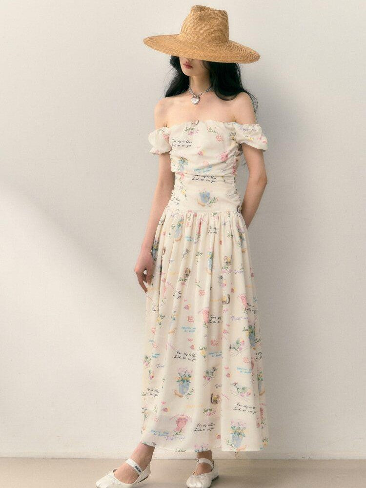 1P STUDIO Alphabet Floral Ruched Off Shoulder Women&