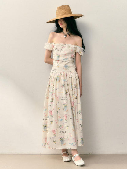 1P STUDIO Alphabet Floral Ruched Off Shoulder Women&