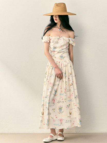 1P STUDIO Alphabet Floral Ruched Off Shoulder Women&