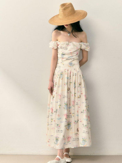 1P STUDIO Alphabet Floral Ruched Off Shoulder Women&