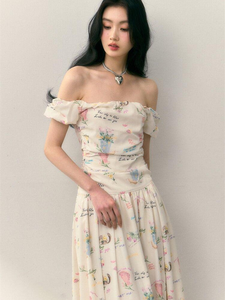 1P STUDIO Alphabet Floral Ruched Off Shoulder Women&