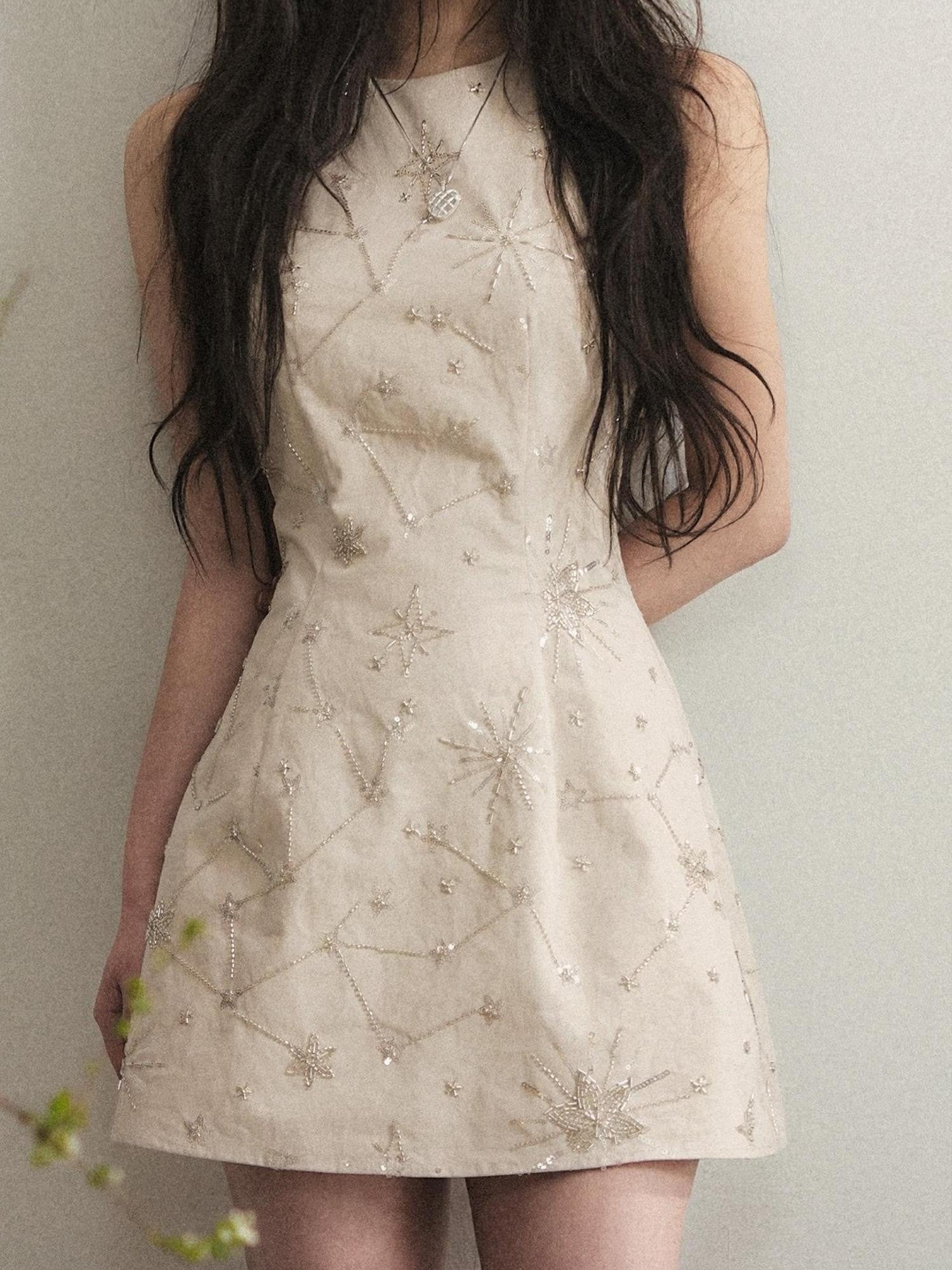 1P STUDIO Apricot Beaded Embroidered Halter Pleated Slim Fit Women&