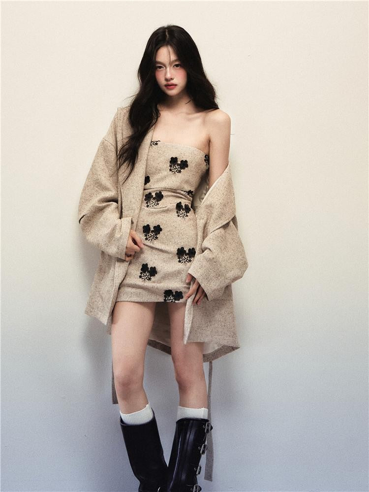 1P STUDIO Apricot Oversized Strapless Tie Waist Lapel Woolen Women&