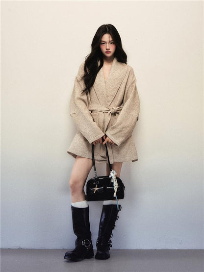 1P STUDIO Apricot Oversized Strapless Tie Waist Lapel Woolen Women&