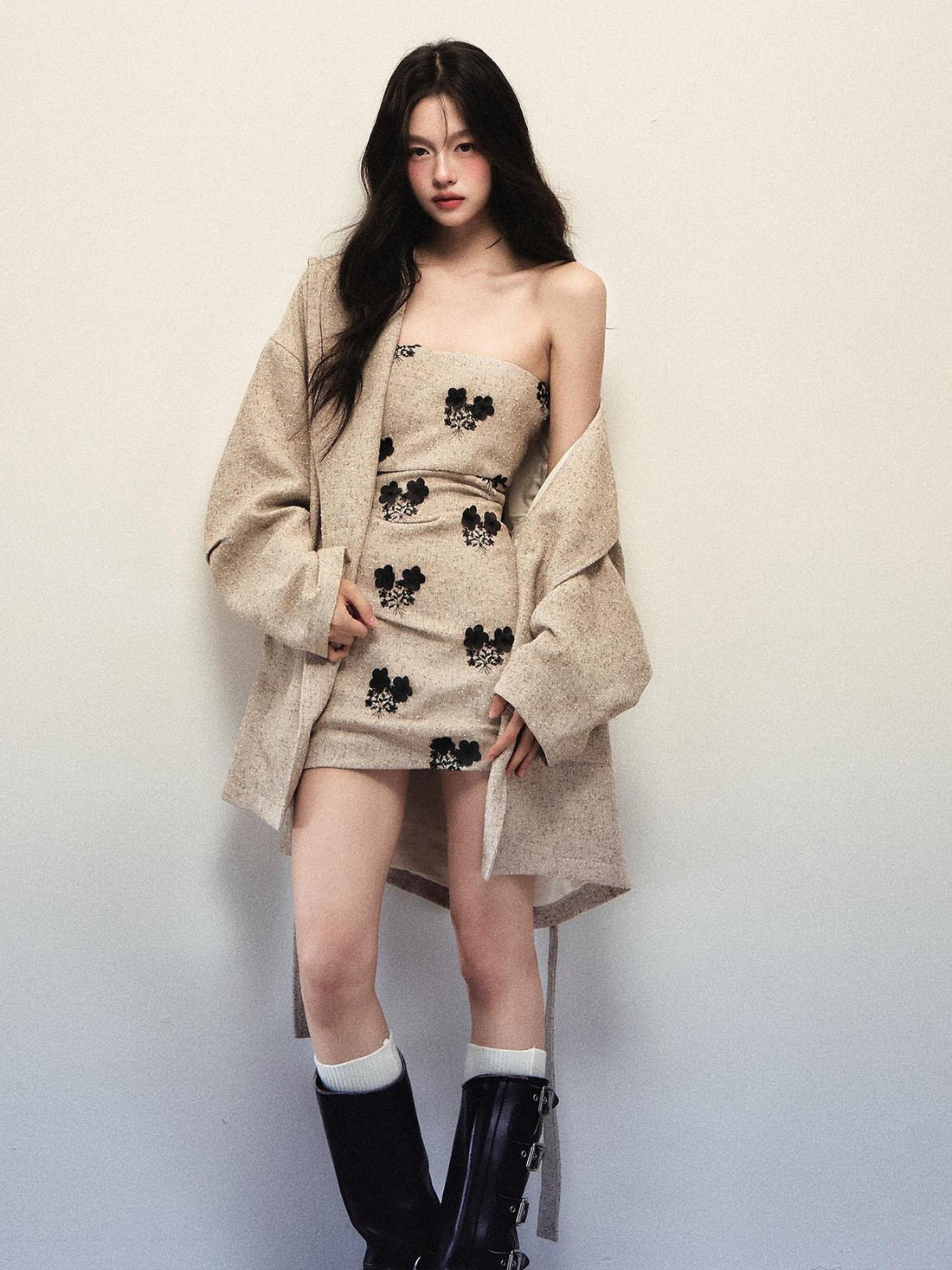 1P STUDIO Apricot Oversized Strapless Tie Waist Lapel Woolen Women&