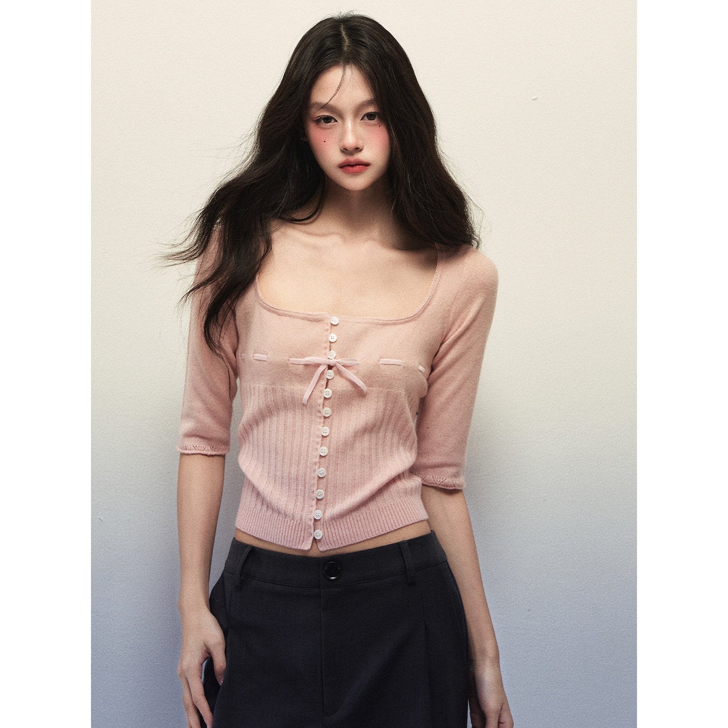 1P_STUDIO_Apricot_Pink_Square_Neck_Drawstring_Waist_Bow_Half_Sleeve_Women&