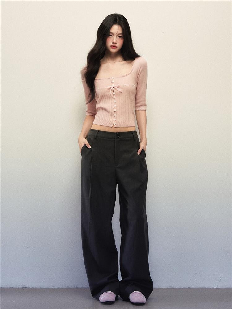 1P STUDIO Apricot Pink Square Neck Drawstring Waist Bow Half Sleeve Women&