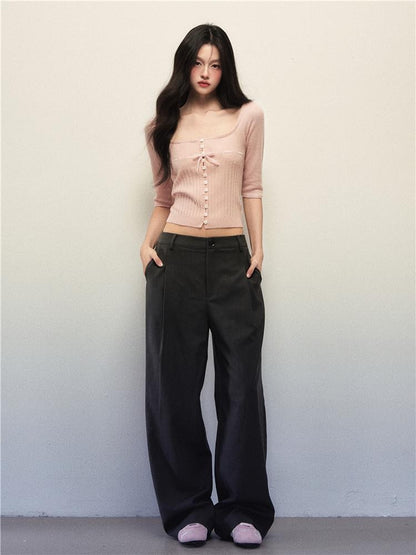 1P STUDIO Apricot Pink Square Neck Drawstring Waist Bow Half Sleeve Women&