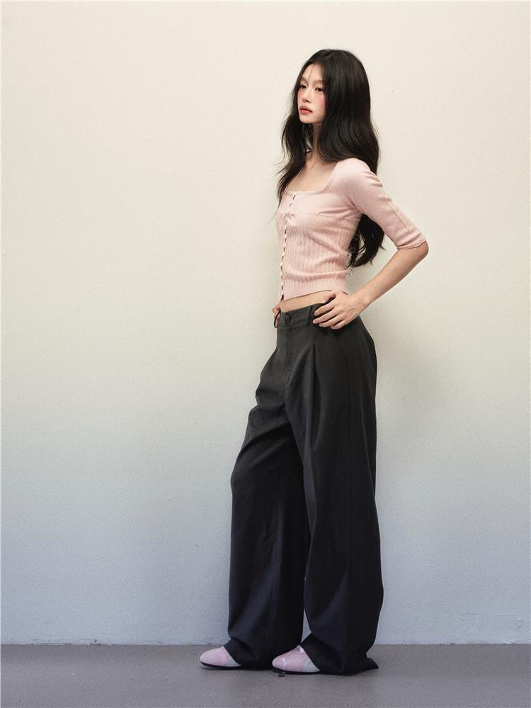 1P STUDIO Apricot Pink Square Neck Drawstring Waist Bow Half Sleeve Women&
