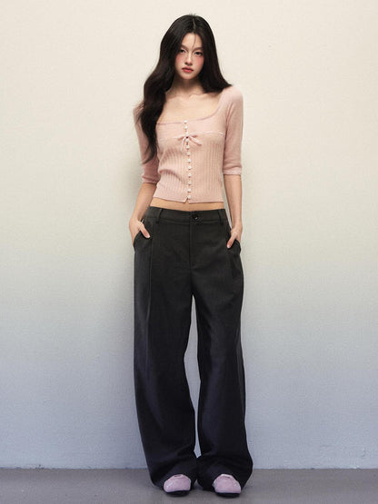 1P STUDIO Apricot Pink Square Neck Drawstring Waist Bow Half Sleeve Women&