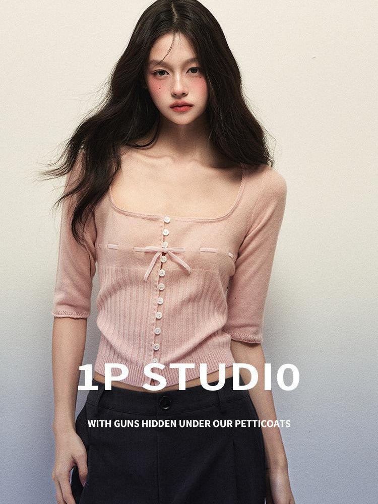 1P STUDIO Apricot Pink Square Neck Drawstring Waist Bow Half Sleeve Women&