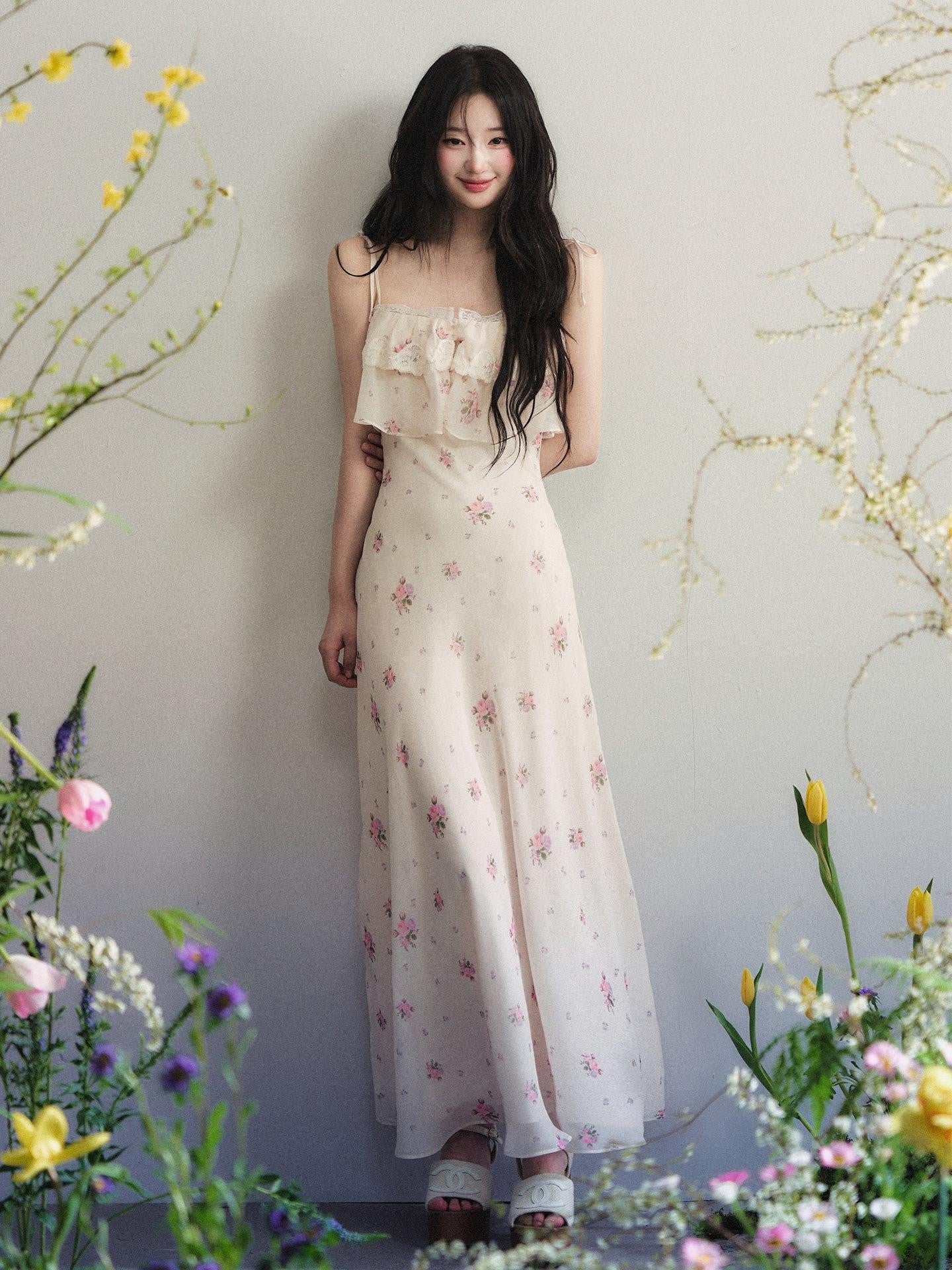 1P STUDIO Apricot Printed Lace Trim Cinched Waist Women&