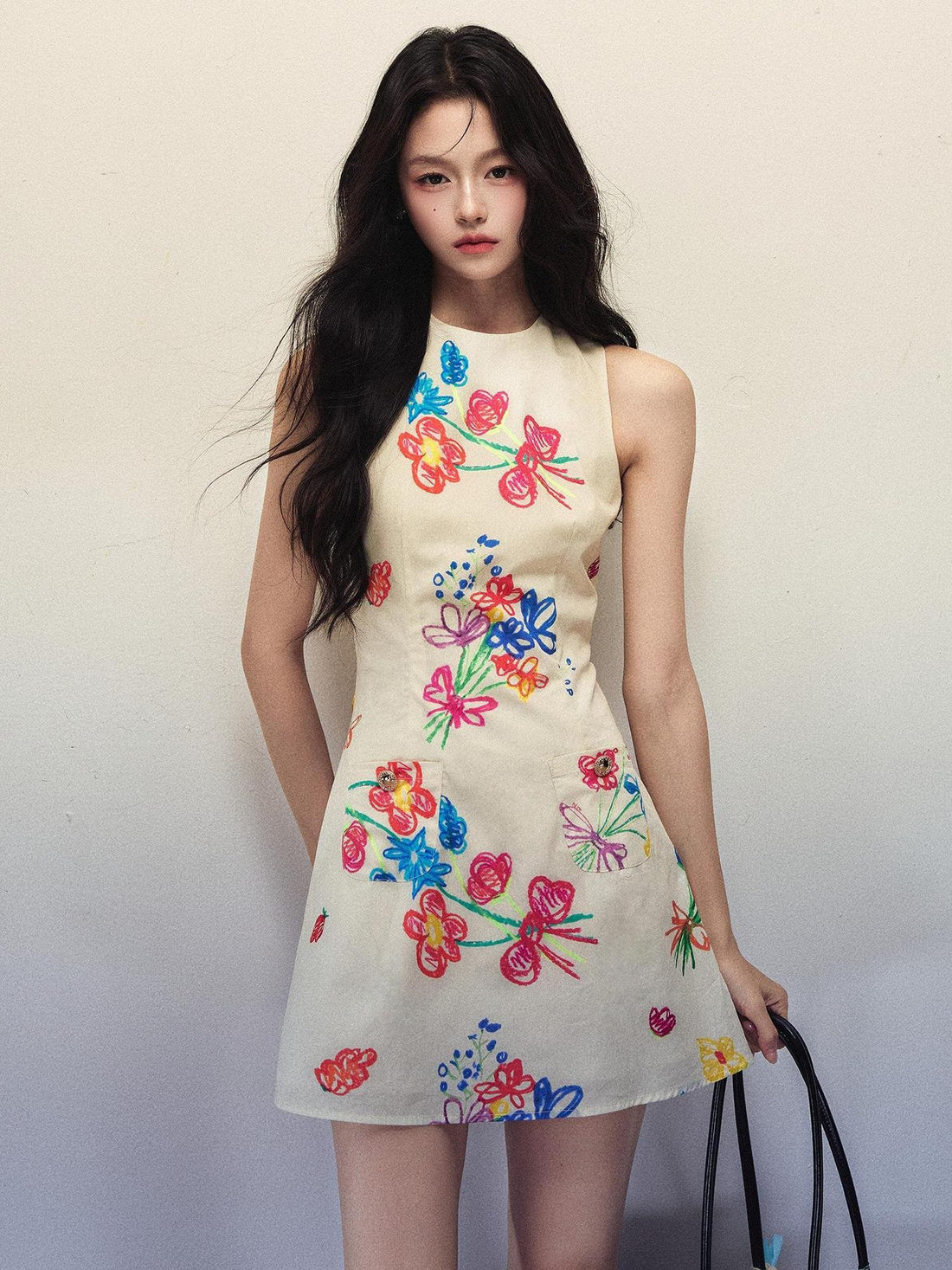 1P STUDIO Artistic Hand Painted Floral Print A Line Women&