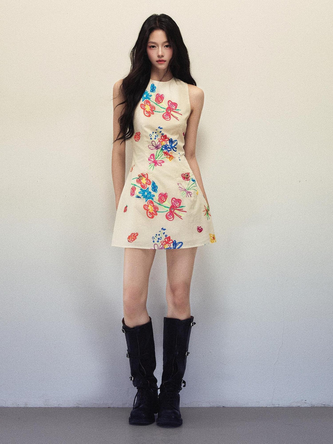 1P STUDIO Artistic Hand Painted Floral Print A Line Women&