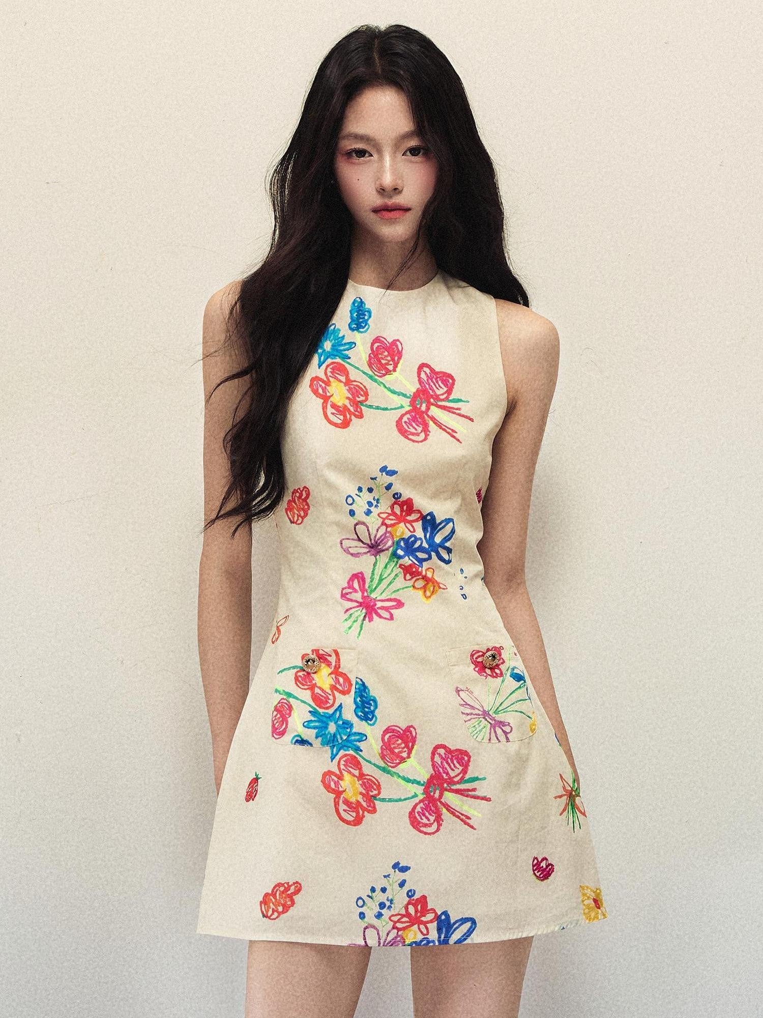 1P STUDIO Artistic Hand Painted Floral Print A Line Women&
