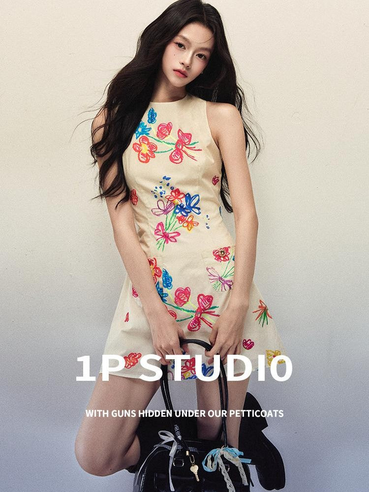 1P STUDIO Artistic Hand Painted Floral Print A Line Women&