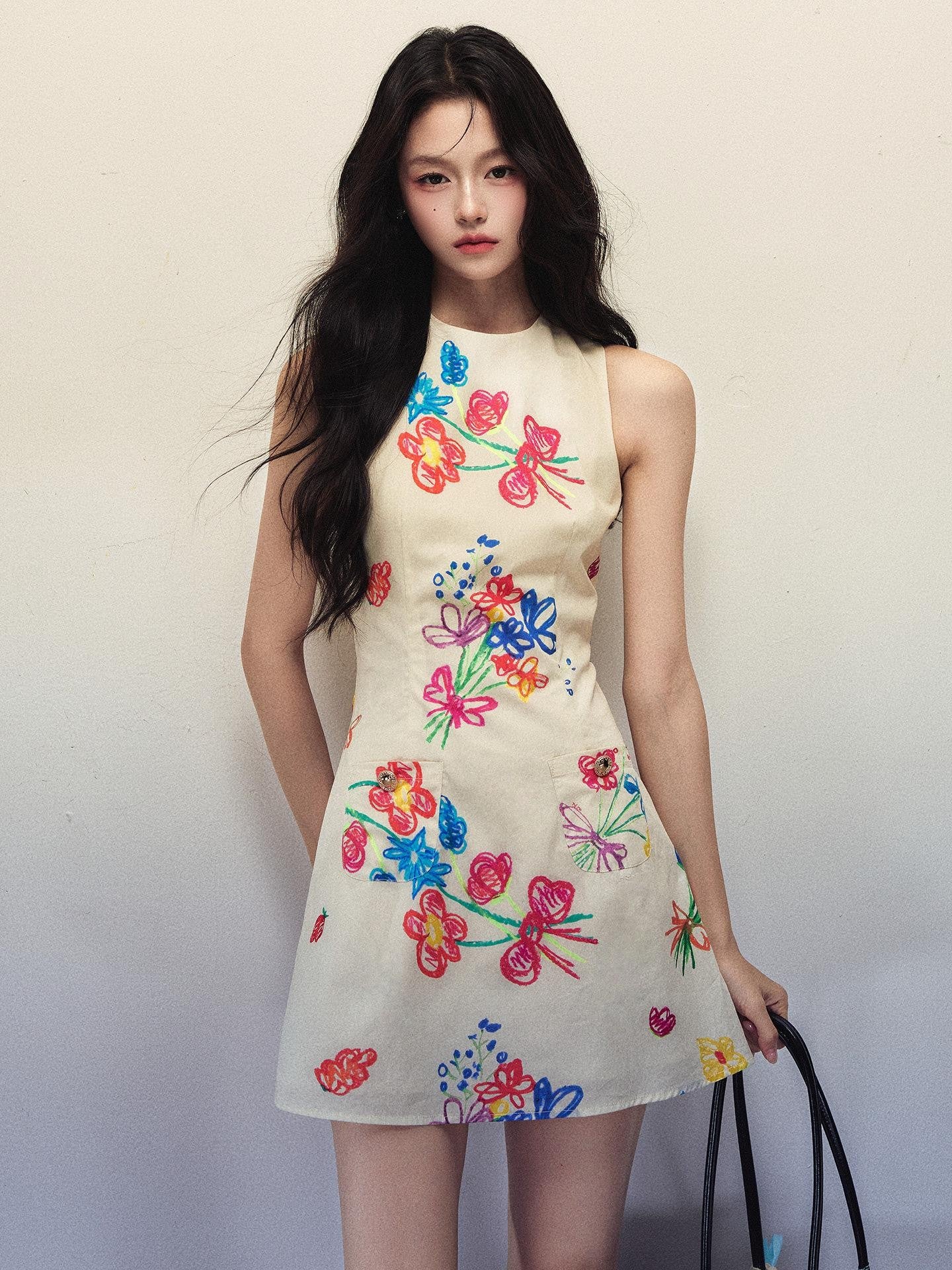 1P STUDIO Artistic Hand Painted Floral Print A Line Women&