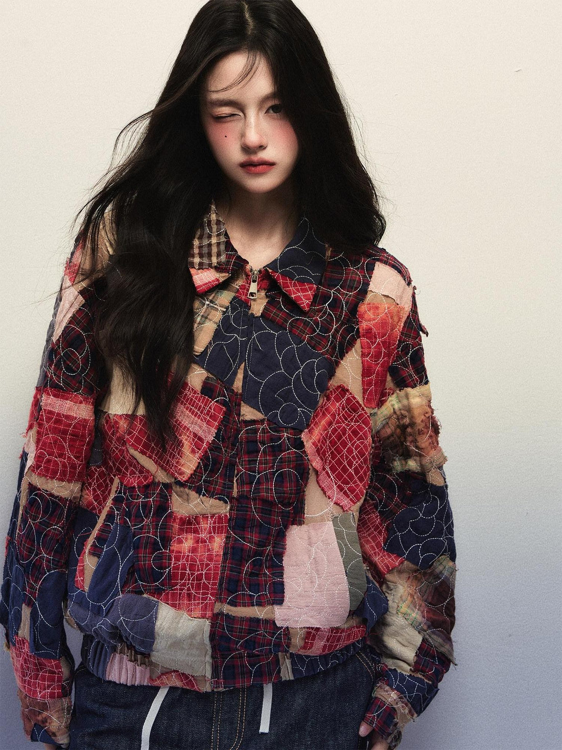 1P STUDIO Asymmetrical Patchwork Colorblock Notched Collar Women&