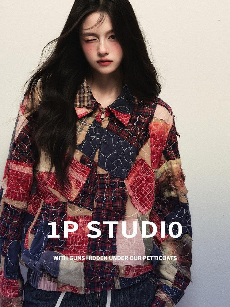 1P STUDIO Asymmetrical Patchwork Colorblock Notched Collar Women&