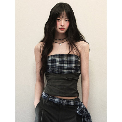 1P_STUDIO_Bandeau_Plaid_Patchwork_Tie_Waist_Wide_Leg_Loose_Women&