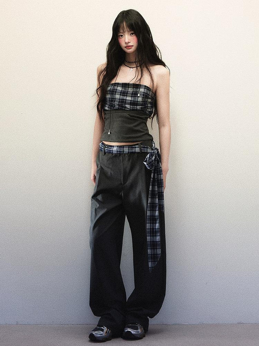 1P STUDIO Bandeau Plaid Patchwork Tie Waist Wide Leg Loose Women&