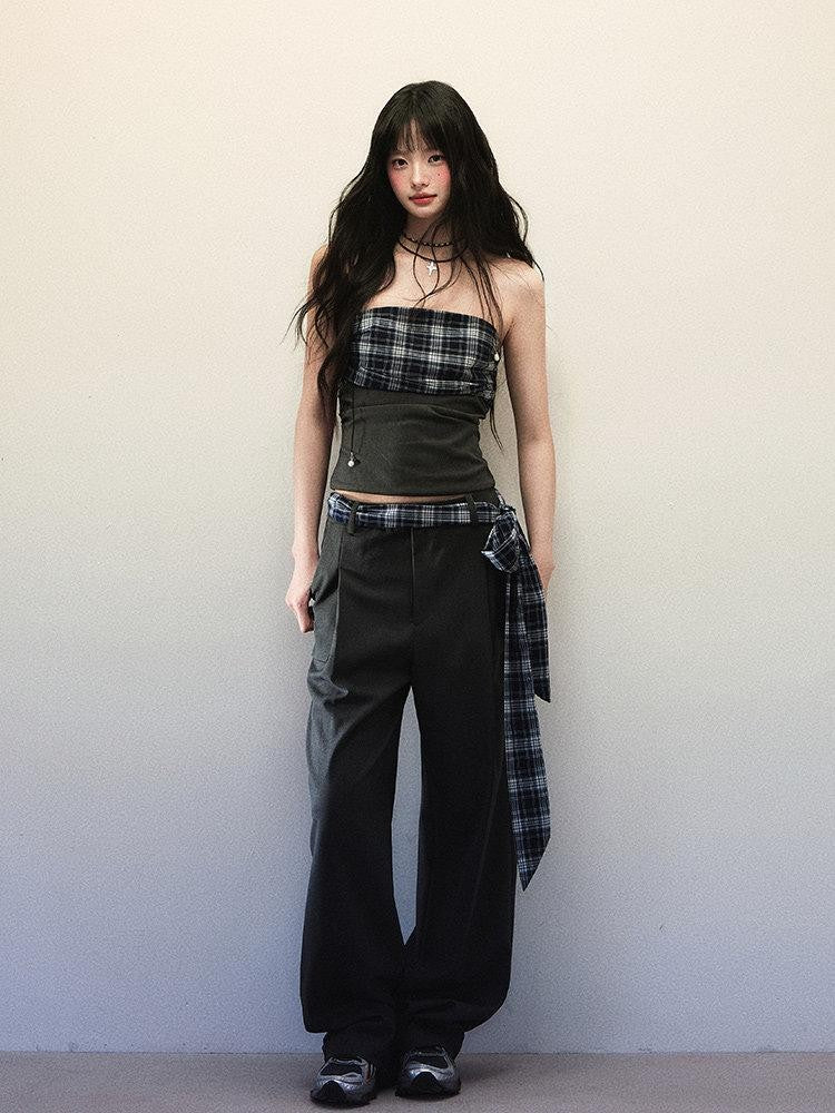 1P STUDIO Bandeau Plaid Patchwork Tie Waist Wide Leg Loose Women&