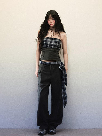 1P STUDIO Bandeau Plaid Patchwork Tie Waist Wide Leg Loose Women&