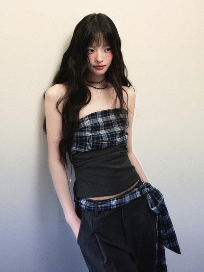 1P STUDIO Bandeau Plaid Patchwork Tie Waist Wide Leg Loose Women&