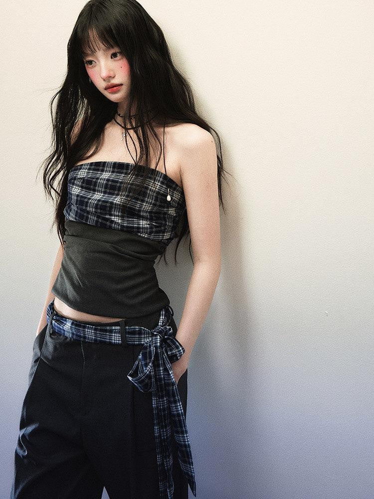 1P STUDIO Bandeau Plaid Patchwork Tie Waist Wide Leg Loose Women&