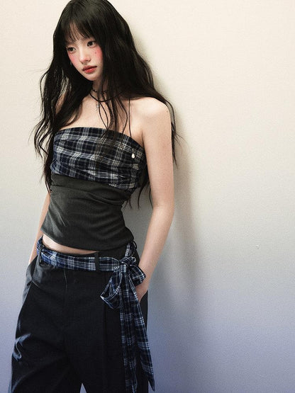 1P STUDIO Bandeau Plaid Patchwork Tie Waist Wide Leg Loose Women&