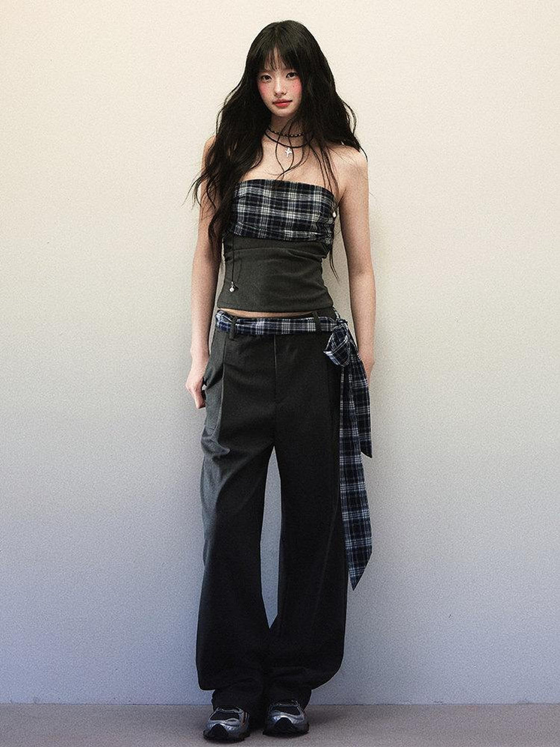 1P STUDIO Bandeau Plaid Patchwork Tie Waist Wide Leg Loose Women&