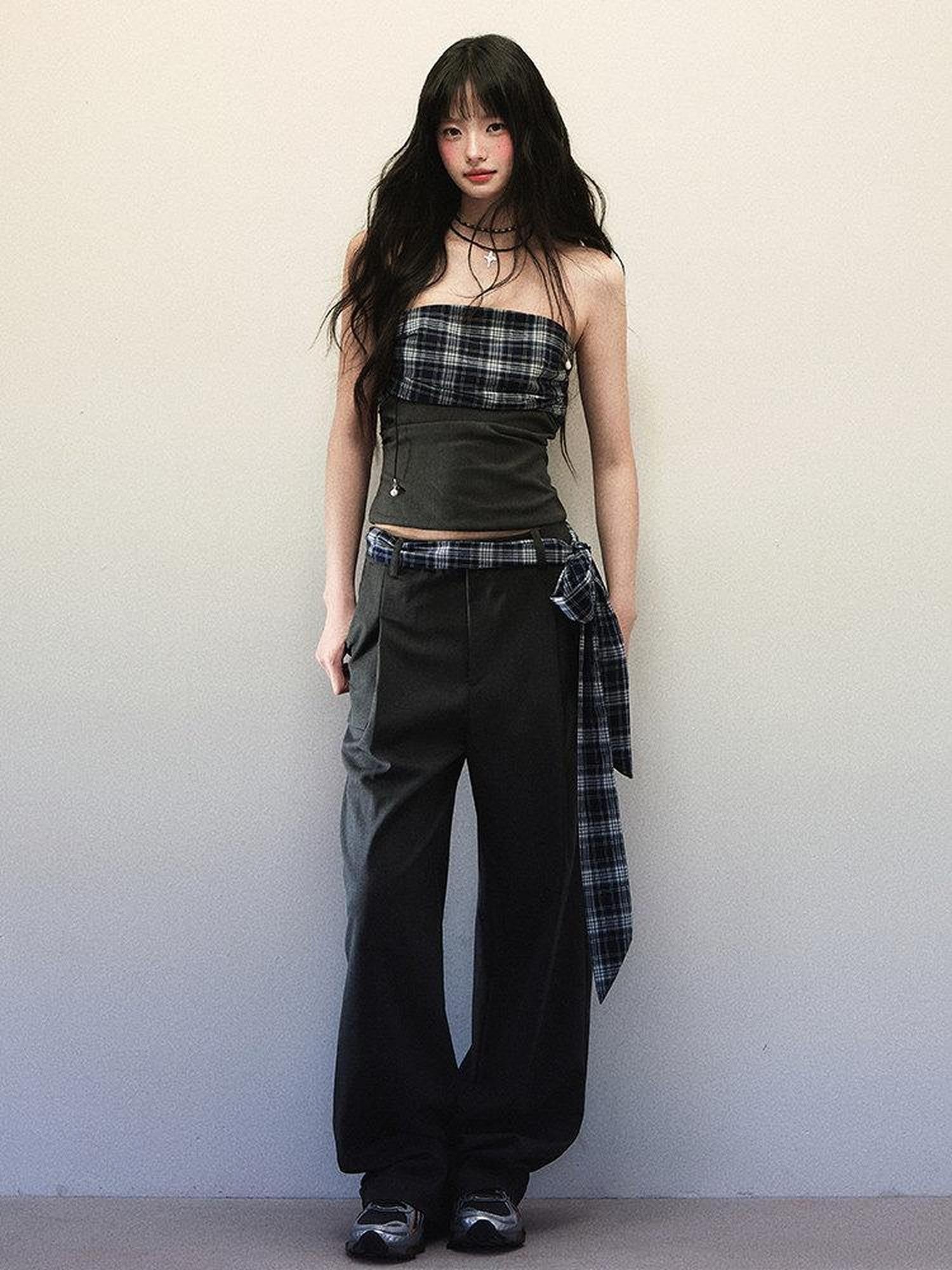 1P STUDIO Bandeau Plaid Patchwork Tie Waist Wide Leg Loose Women&