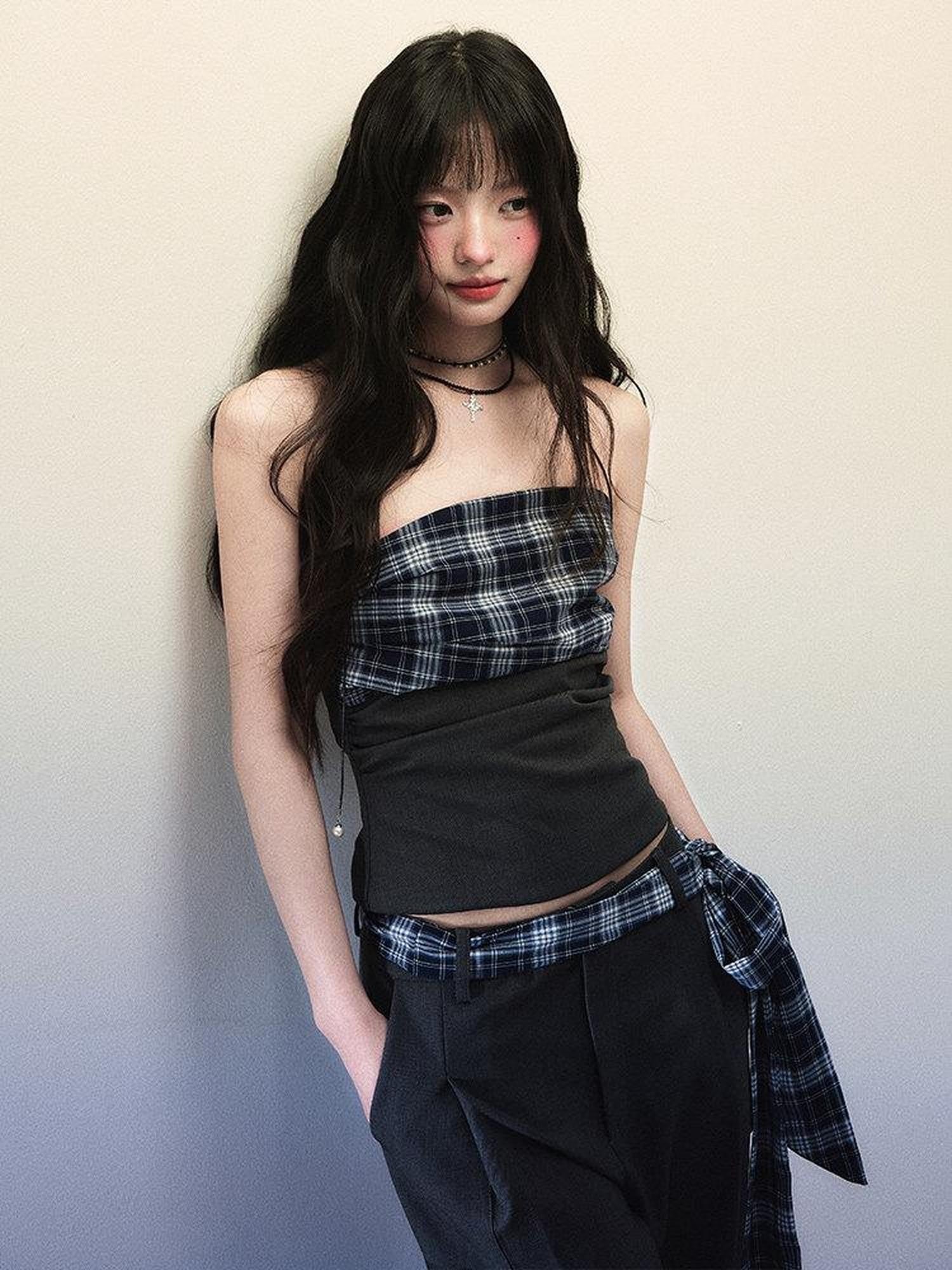1P STUDIO Bandeau Plaid Patchwork Tie Waist Wide Leg Loose Women&