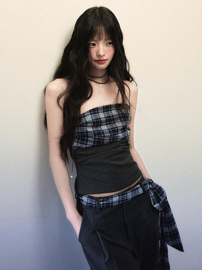 1P STUDIO Bandeau Plaid Patchwork Tie Waist Wide Leg Loose Women&