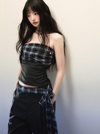 1P STUDIO Bandeau Plaid Patchwork Tie Waist Wide Leg Loose Women&