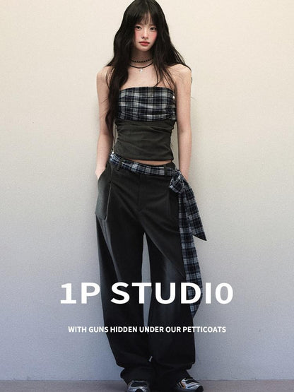 1P STUDIO Bandeau Plaid Patchwork Tie Waist Wide Leg Loose Women&